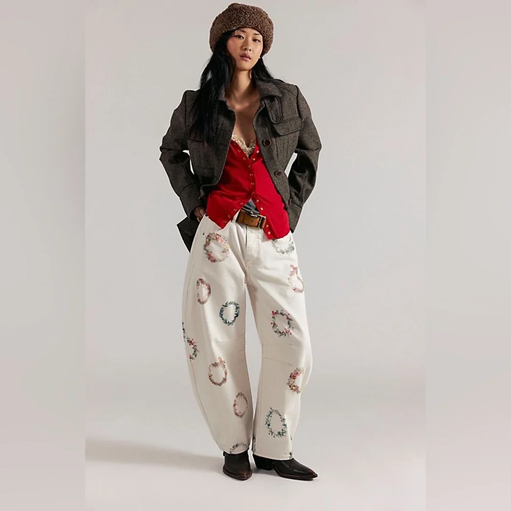 Free People Good Luck Mid Rise Barrel in Watercolor Wreath